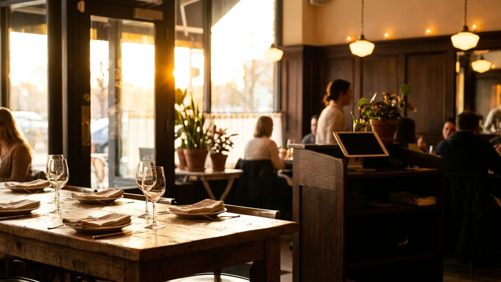 Salle de bistrot chaleureuse avec une table dressée et une tablette de réservation