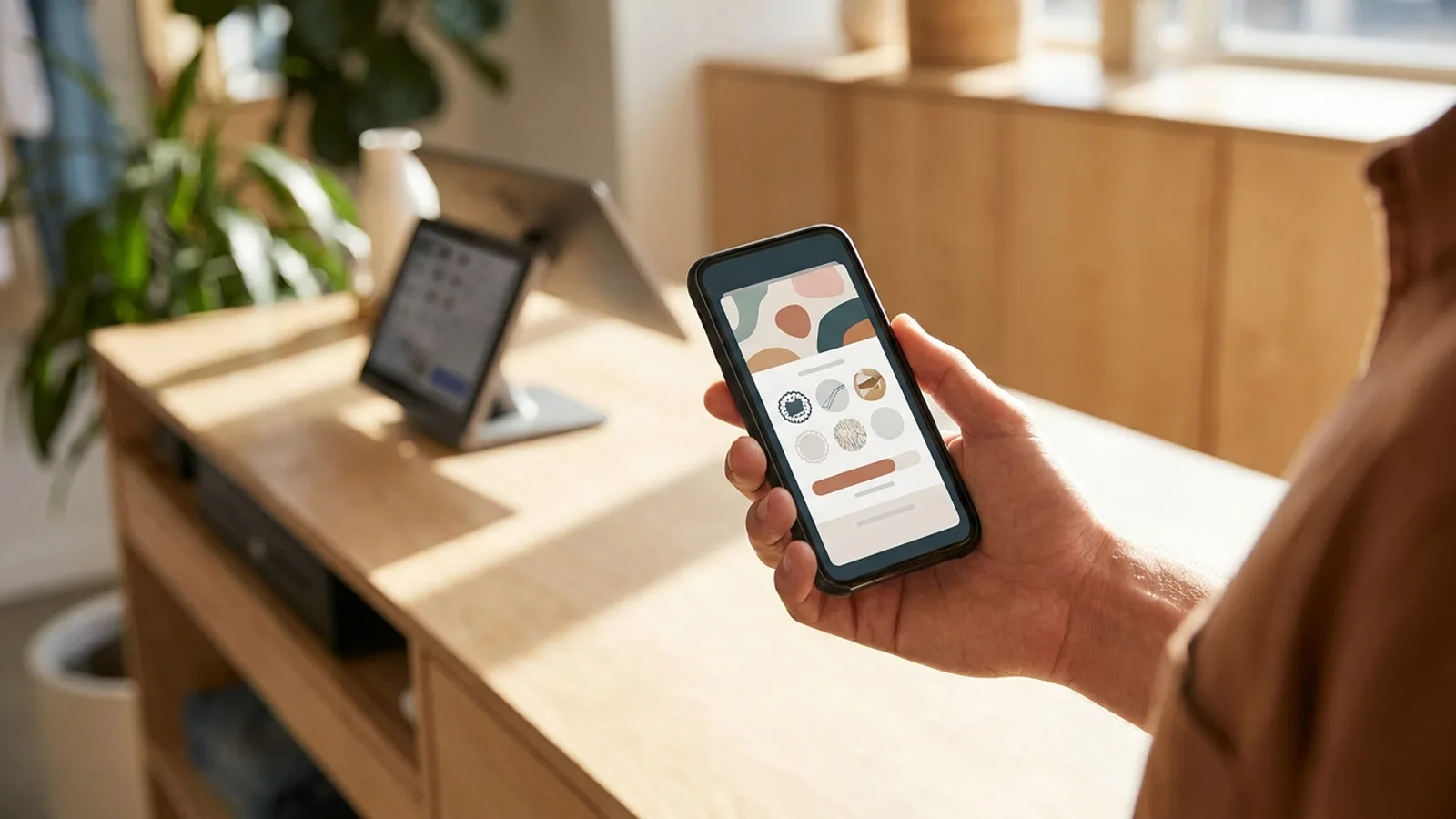 Main tenant un smartphone affichant une carte de fidélité digitale à tampons