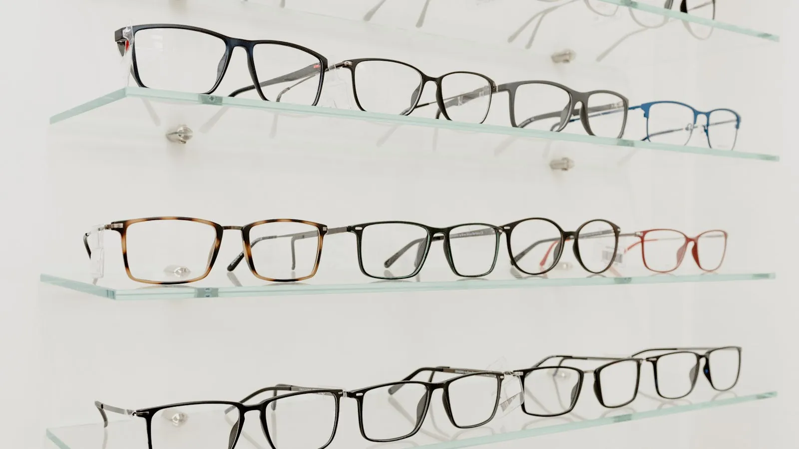 Opticien présentant une monture de lunettes à un client devant un mur de présentoirs